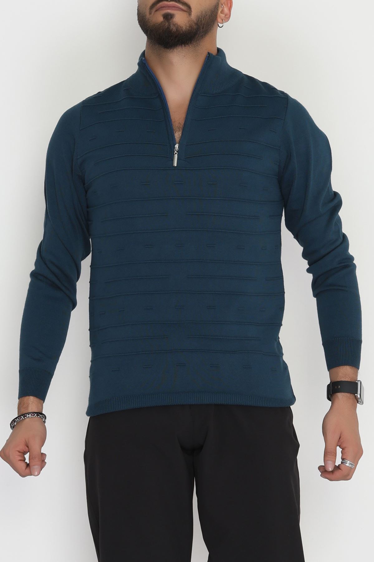 Yakası Fermuarlı Erkek Triko Petrol - 2550.2052.