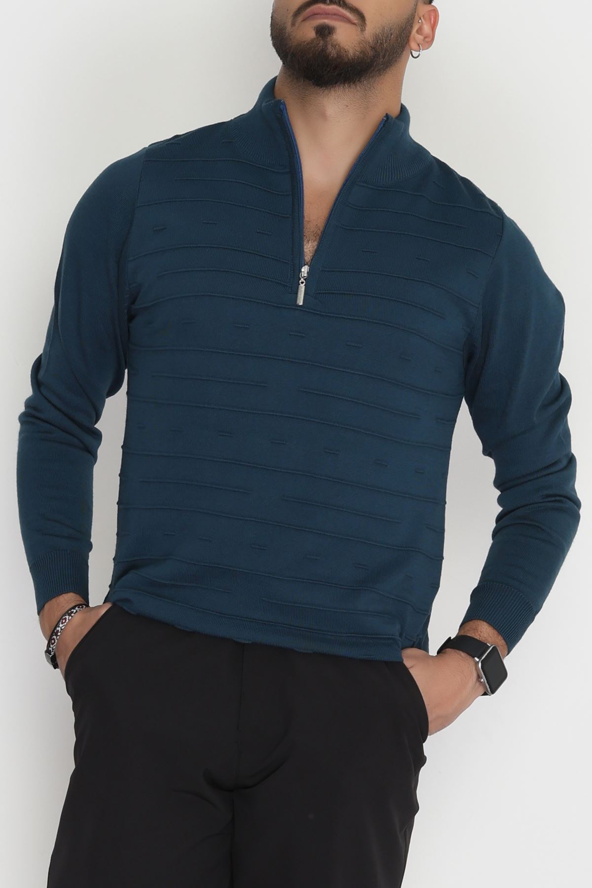 Yakası Fermuarlı Erkek Triko Petrol - 2550.2052.