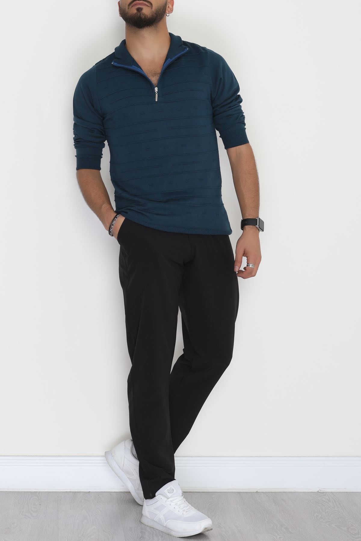 Yakası Fermuarlı Erkek Triko Petrol - 2550.2052.