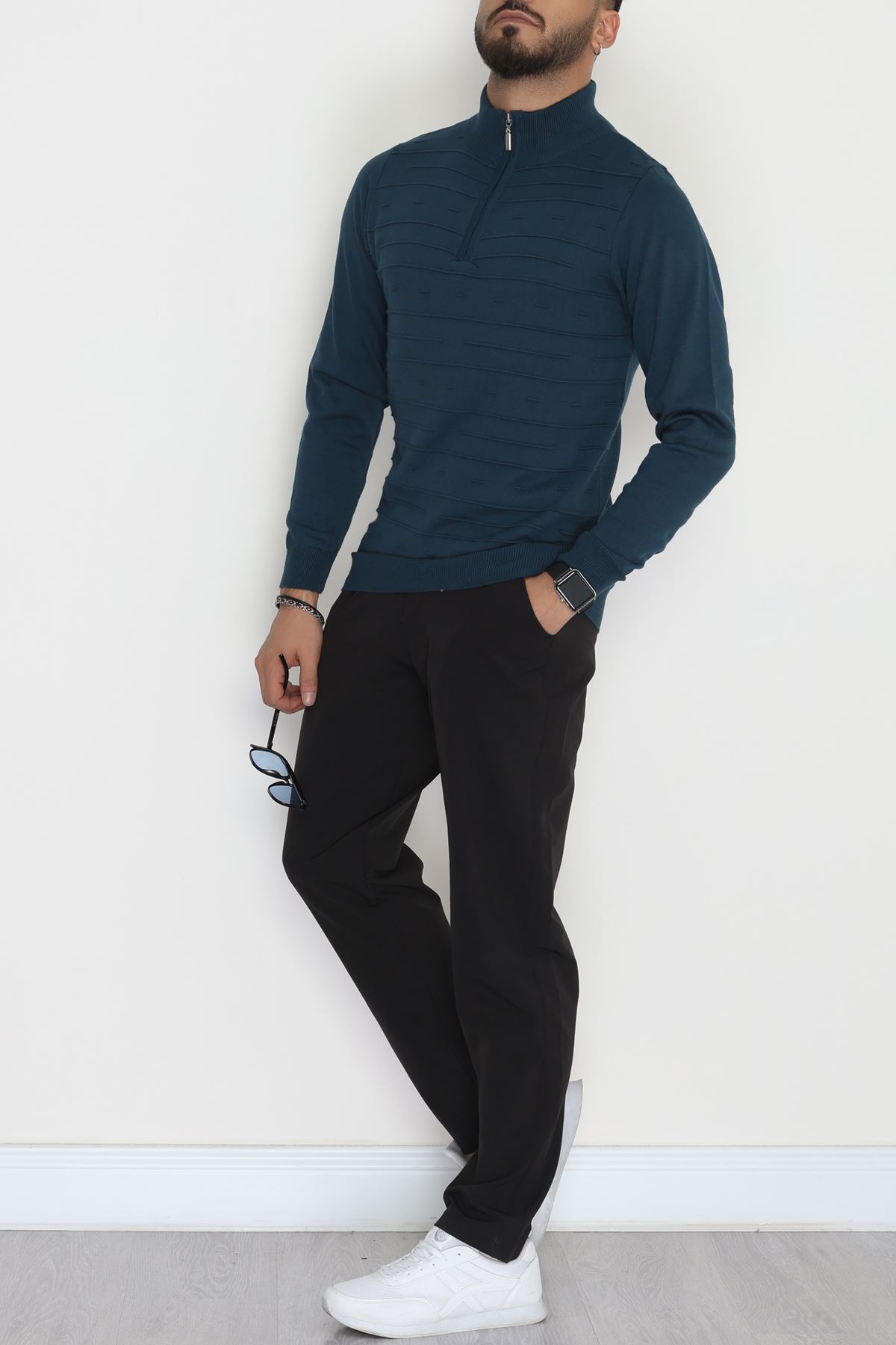 Yakası Fermuarlı Erkek Triko Petrol - 2550.2052.