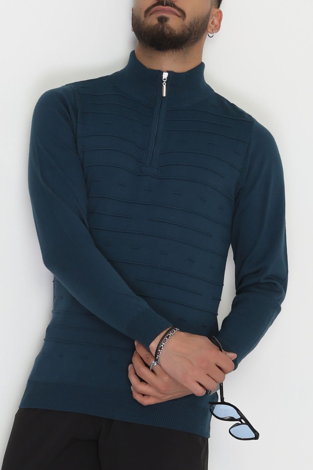 Yakası Fermuarlı Erkek Triko Petrol - 2550.2052.