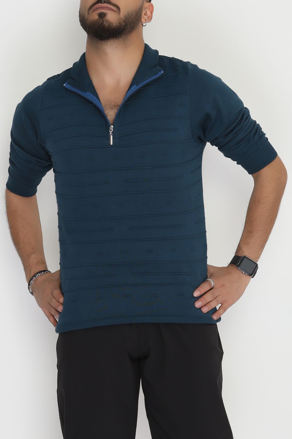 Yakası Fermuarlı Erkek Triko Petrol - 2550.2052.