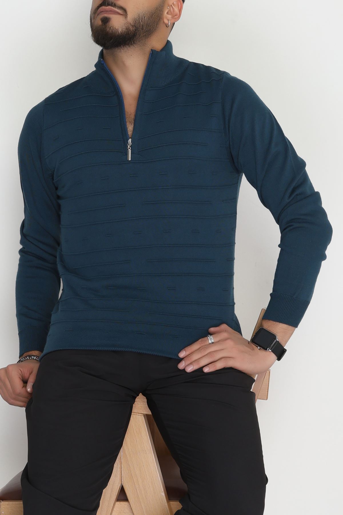 Yakası Fermuarlı Erkek Triko Petrol - 2550.2052.