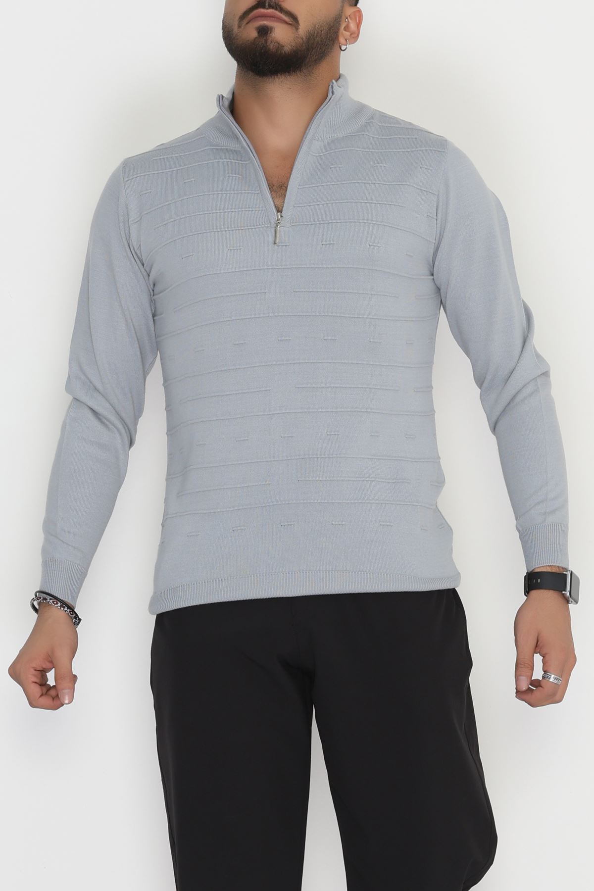 Yakası Fermuarlı Erkek Triko Gri - 2550.2052.