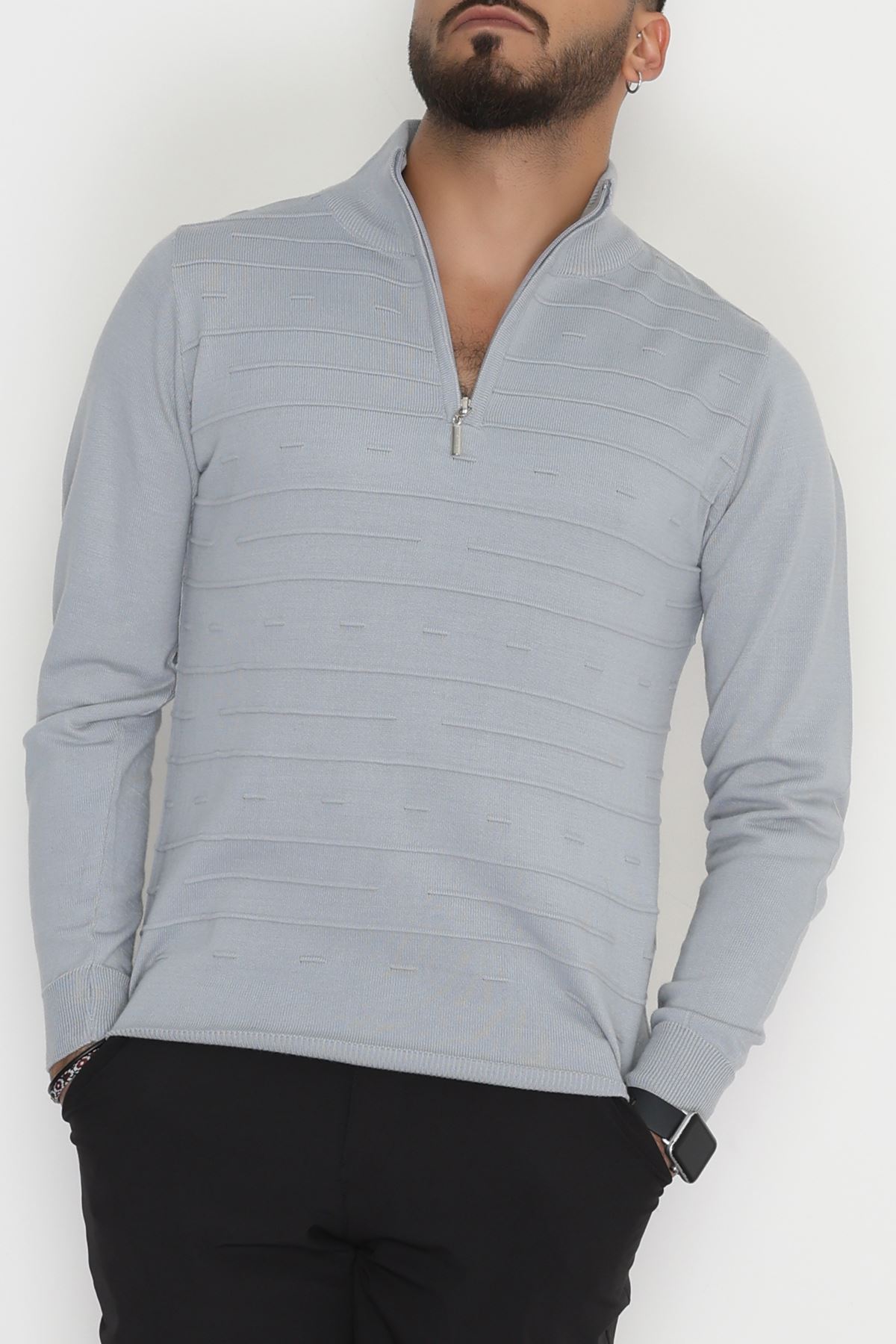 Yakası Fermuarlı Erkek Triko Gri - 2550.2052.