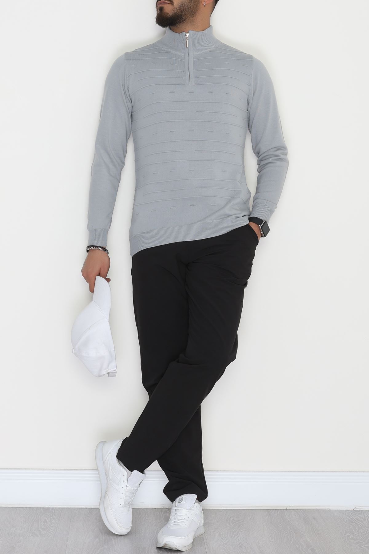 Yakası Fermuarlı Erkek Triko Gri - 2550.2052.
