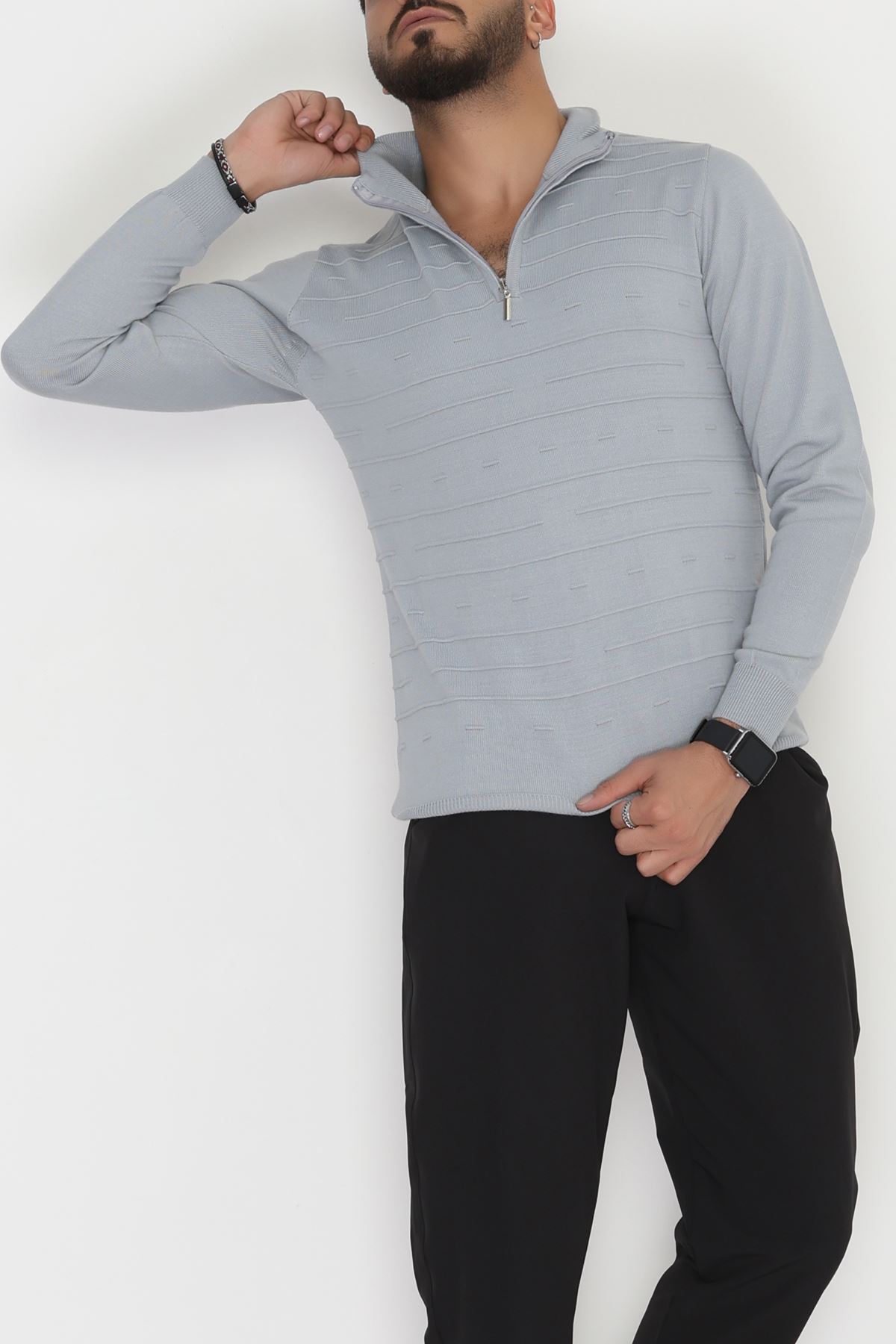 Yakası Fermuarlı Erkek Triko Gri - 2550.2052.