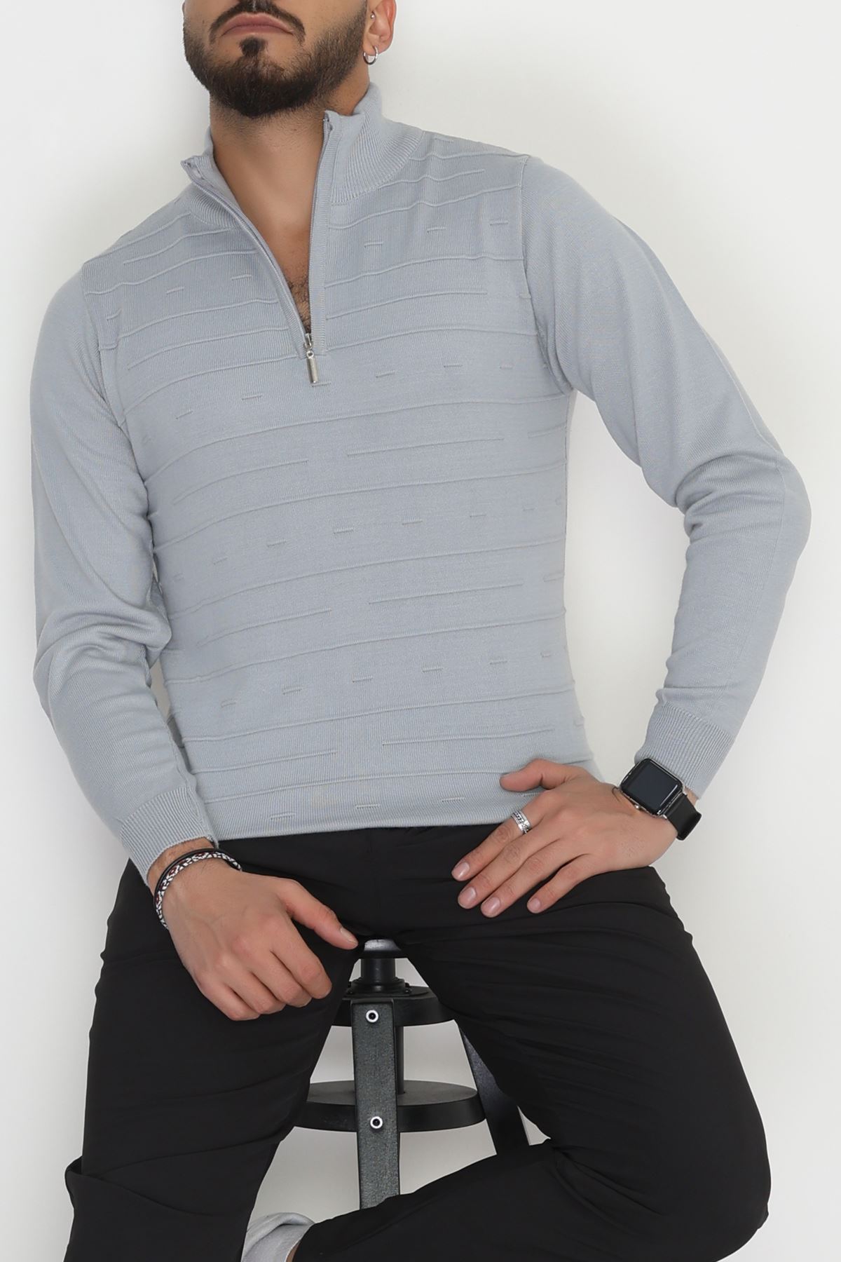 Yakası Fermuarlı Erkek Triko Gri - 2550.2052.