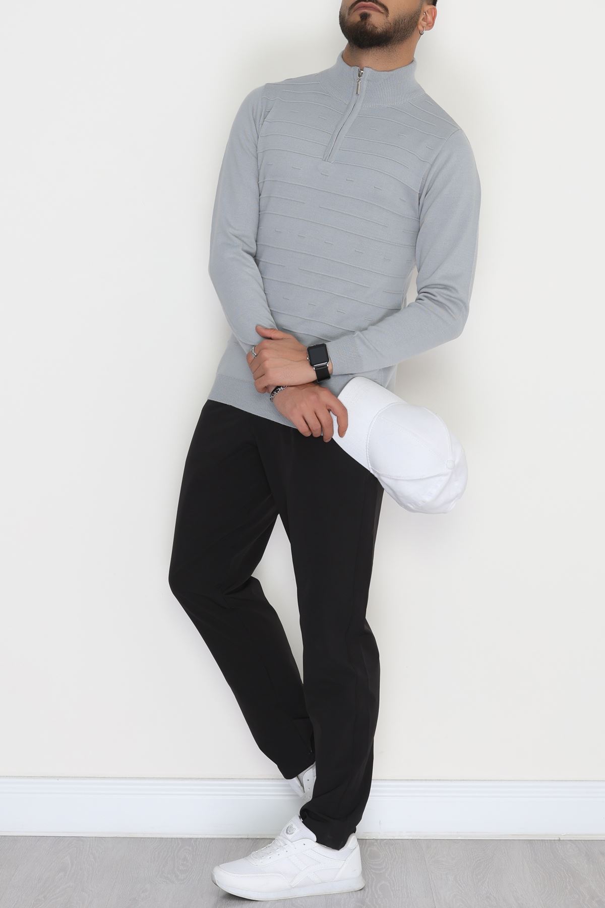 Yakası Fermuarlı Erkek Triko Gri - 2550.2052.