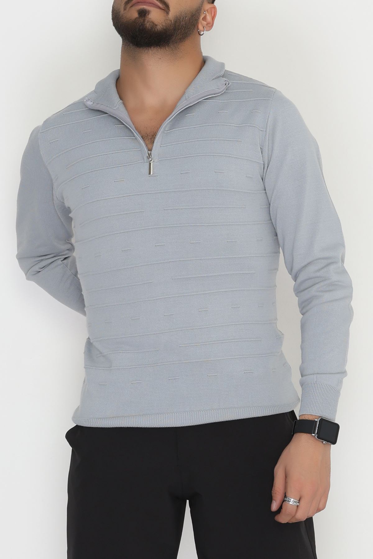 Yakası Fermuarlı Erkek Triko Gri - 2550.2052.