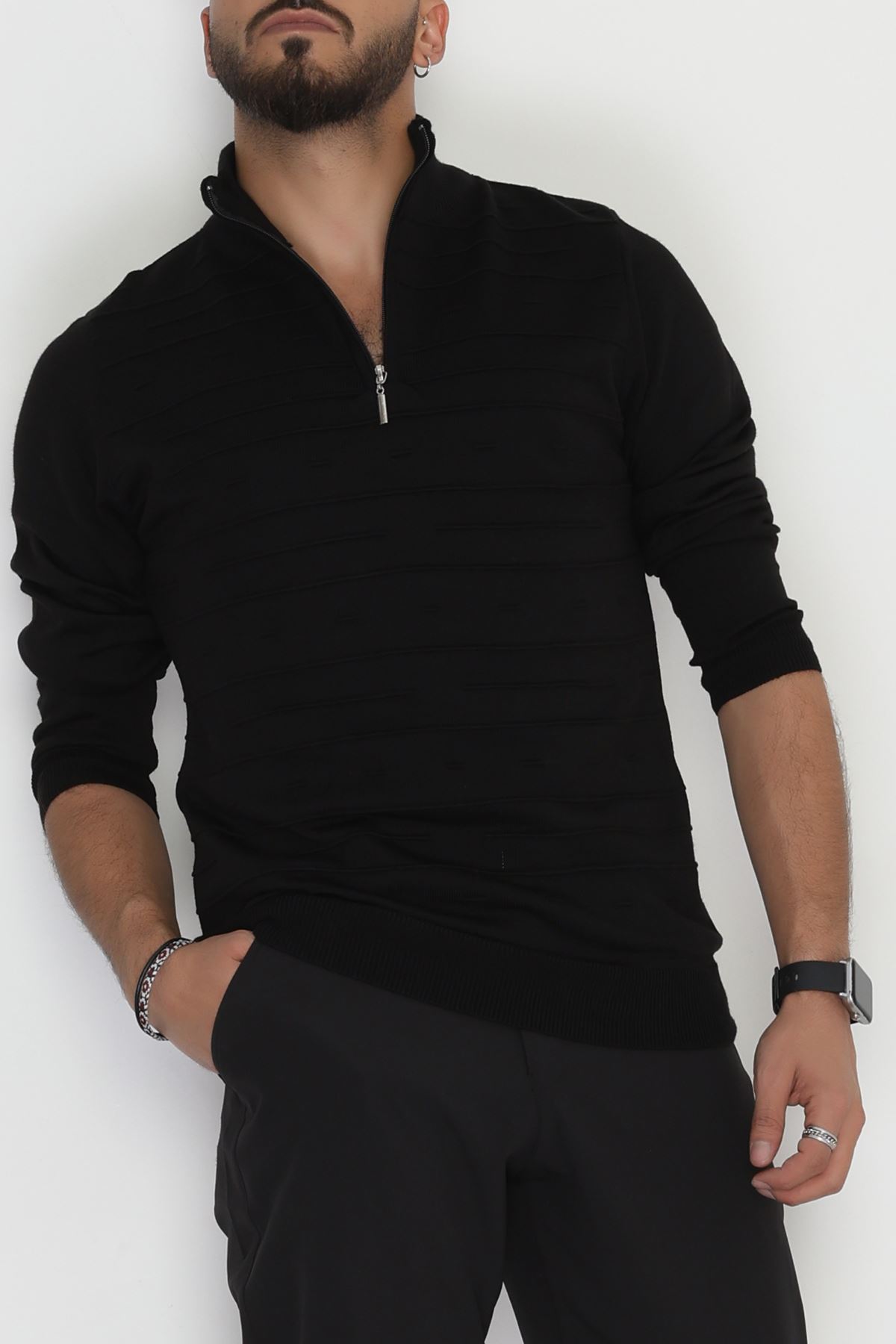 Yakası Fermuarlı Erkek Triko Siyah - 2550.2052.