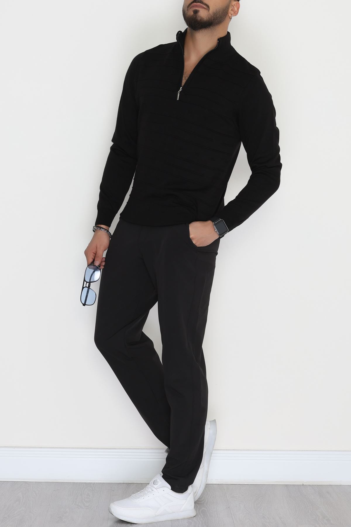 Yakası Fermuarlı Erkek Triko Siyah - 2550.2052.