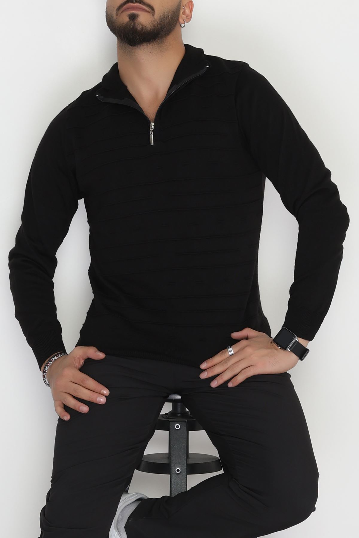 Yakası Fermuarlı Erkek Triko Siyah - 2550.2052.