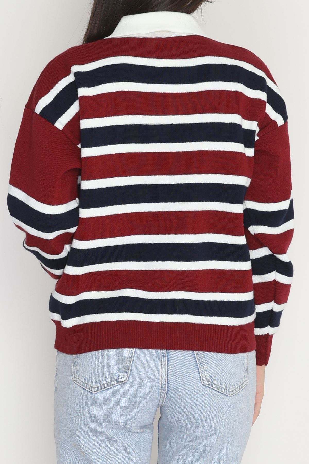 Çizgili Polo Yaka Triko Bordo - 70870.1765.
