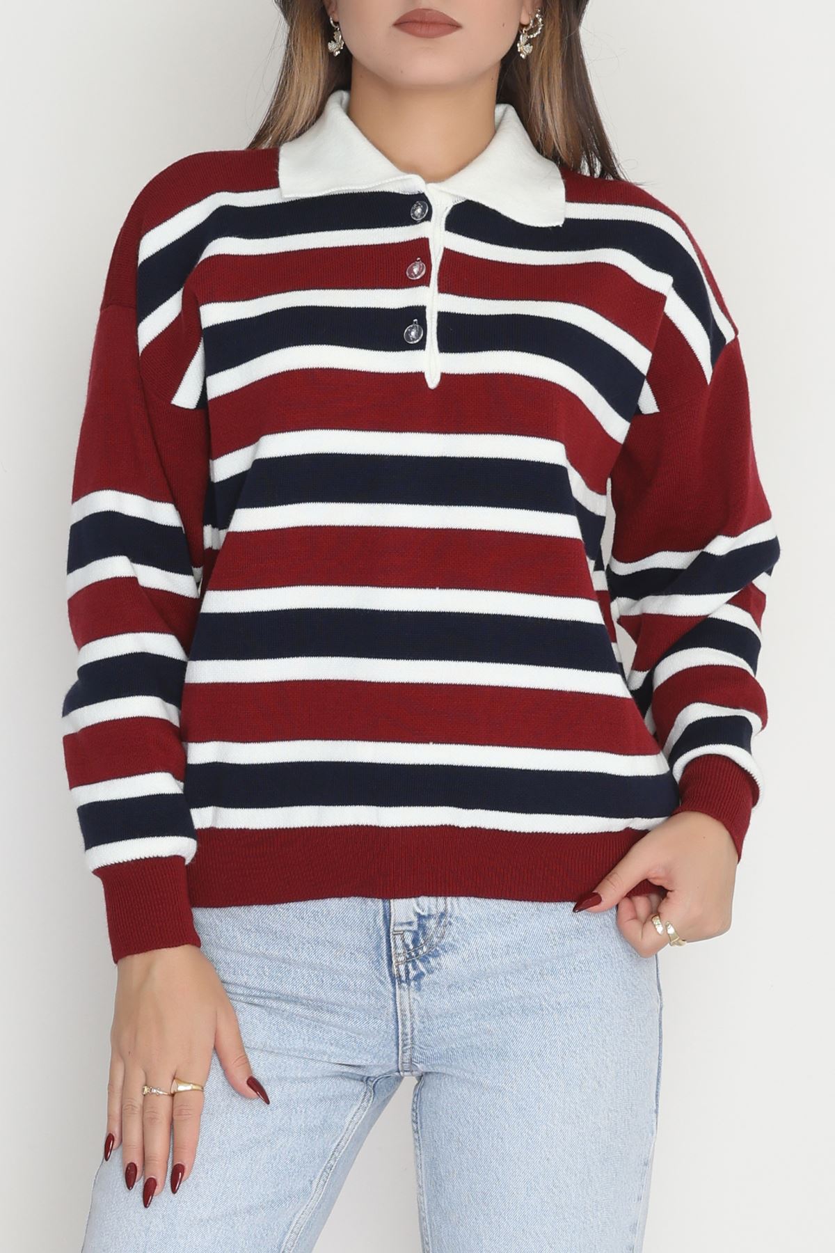 Çizgili Polo Yaka Triko Bordo - 70870.1765.