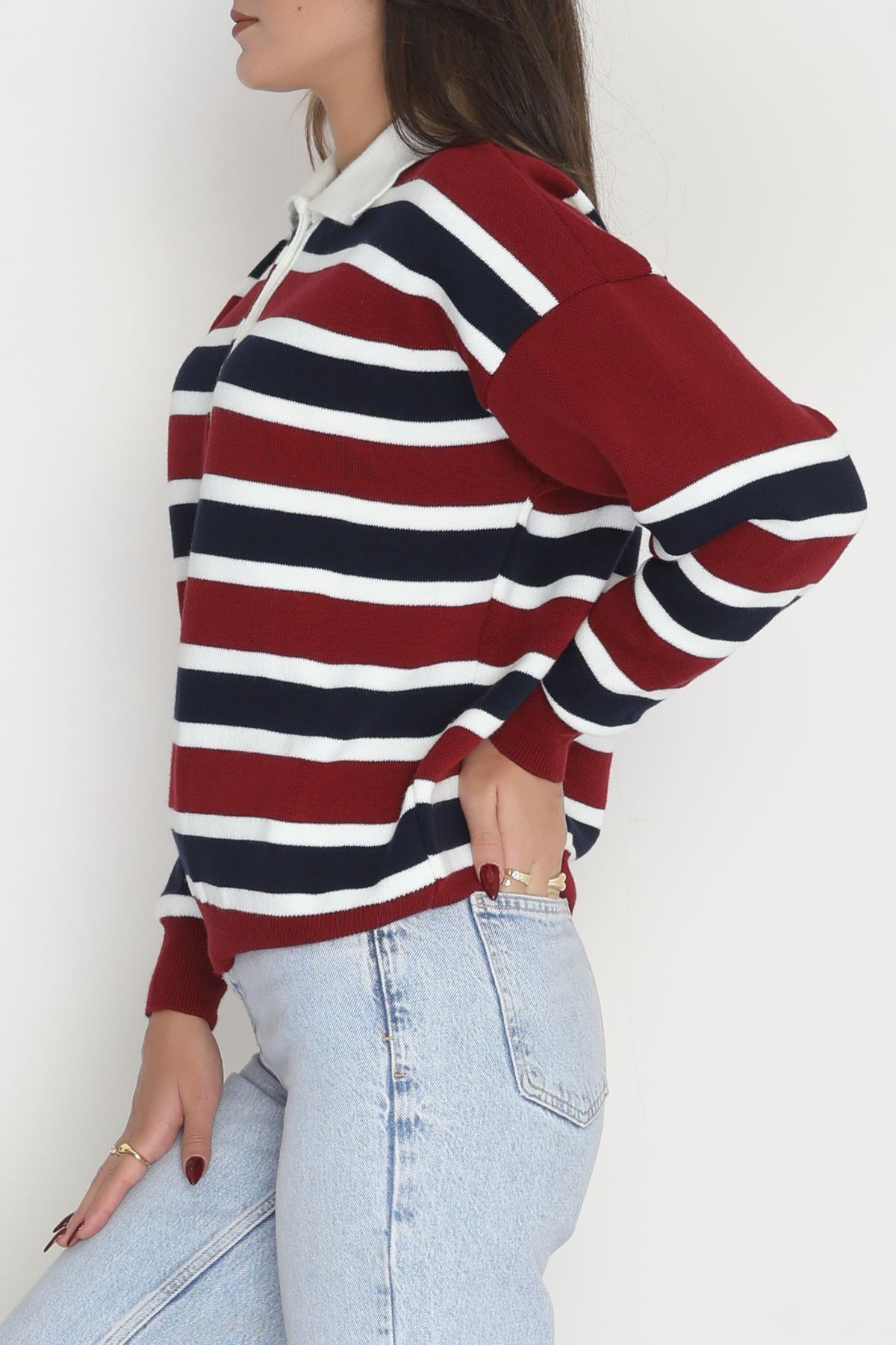 Çizgili Polo Yaka Triko Bordo - 70870.1765.