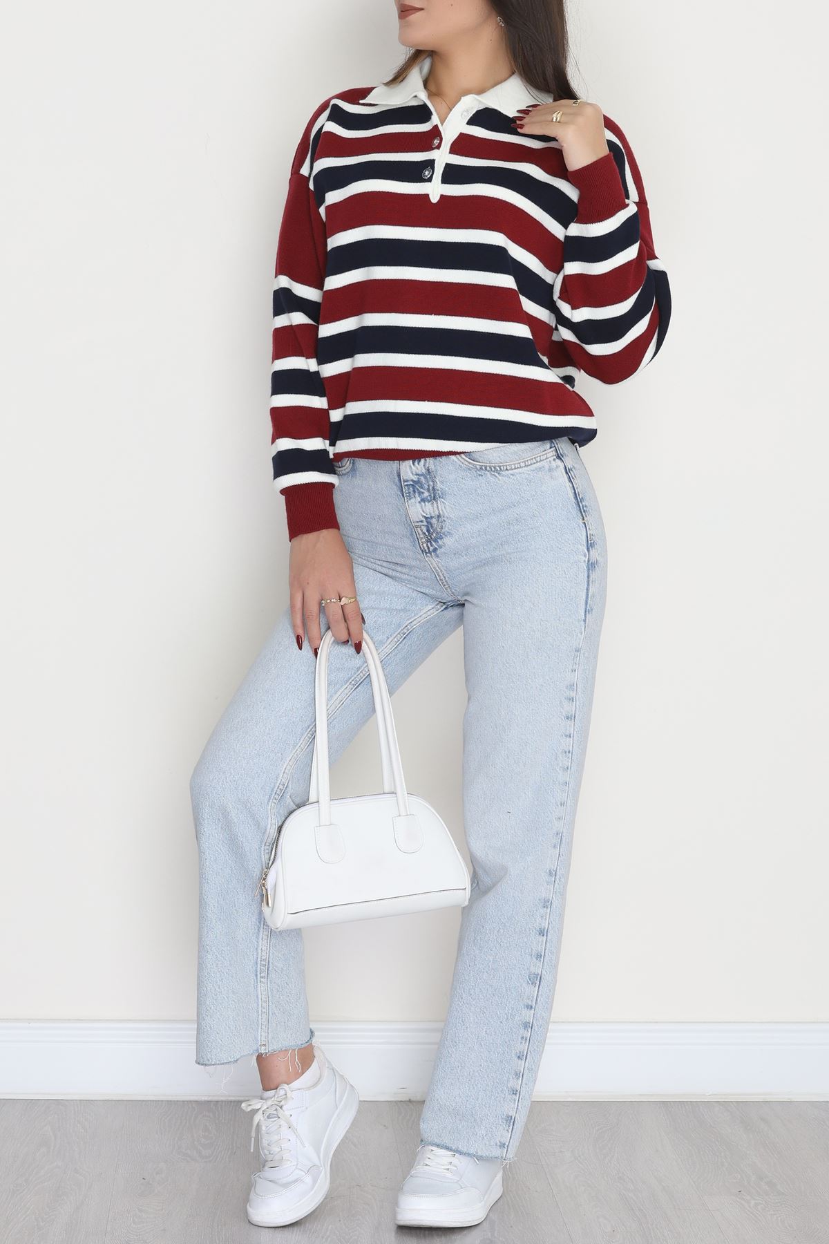 Çizgili Polo Yaka Triko Bordo - 70870.1765.