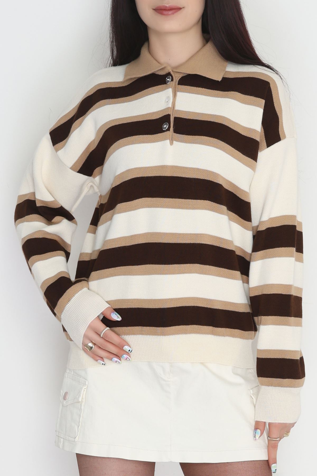 Çizgili Polo Yaka Triko Kahve - 70870.1765.