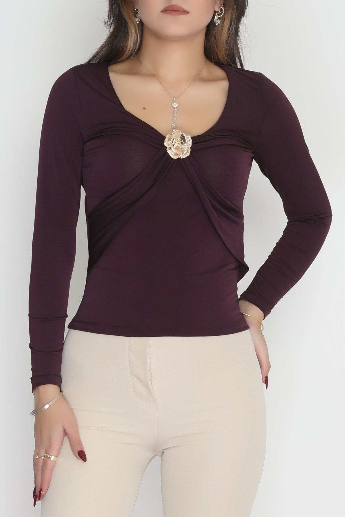 Sandy Kumaş Aksesuarlı Bluz Mürdüm - 70873.1918.