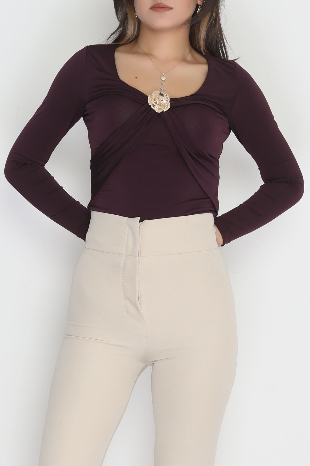 Sandy Kumaş Aksesuarlı Bluz Mürdüm - 70873.1918.