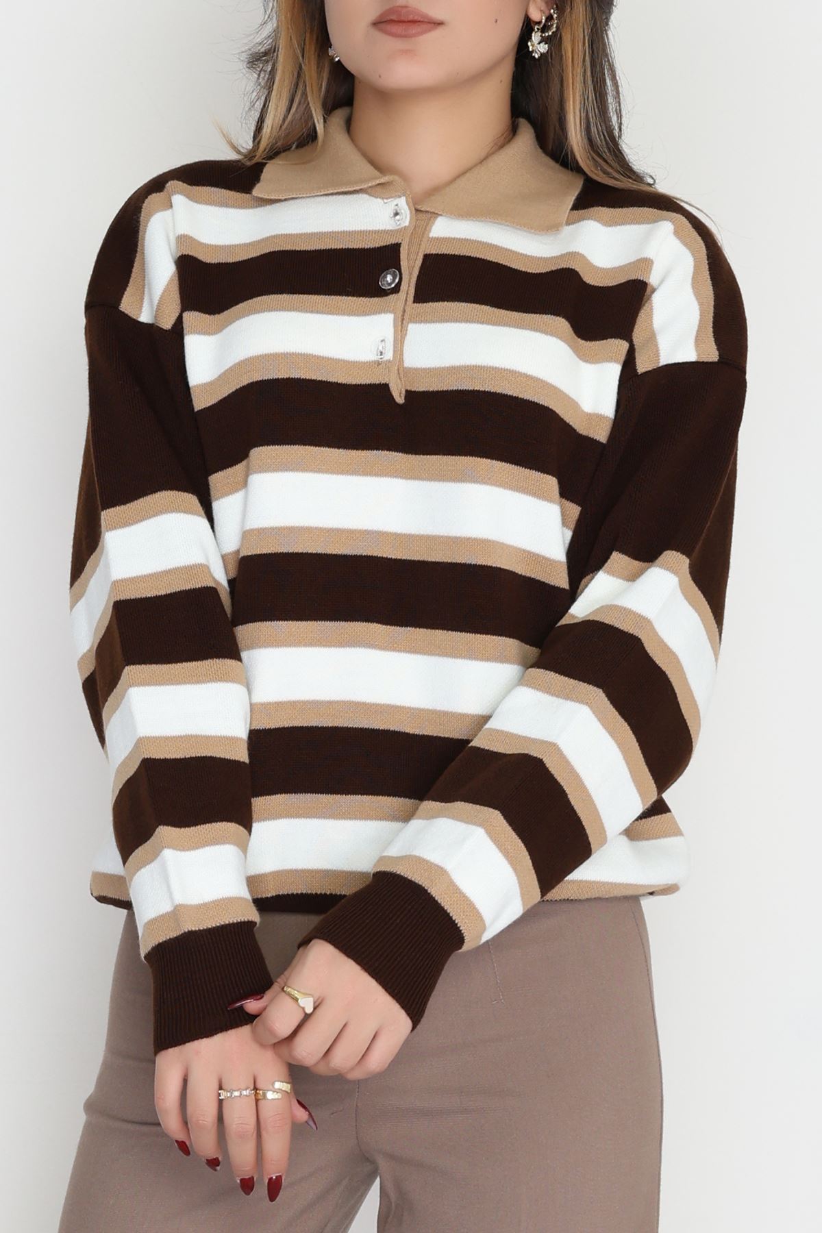 Çizgili Polo Yaka Triko Kahveekru - 70870.1765.