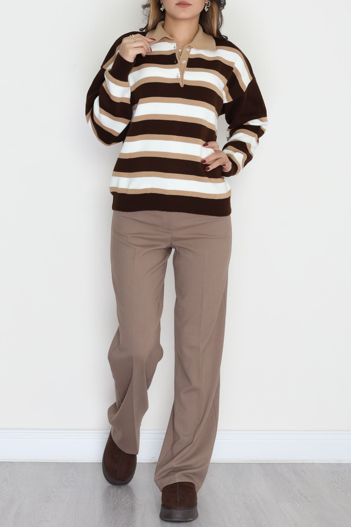 Çizgili Polo Yaka Triko Kahveekru - 70870.1765.