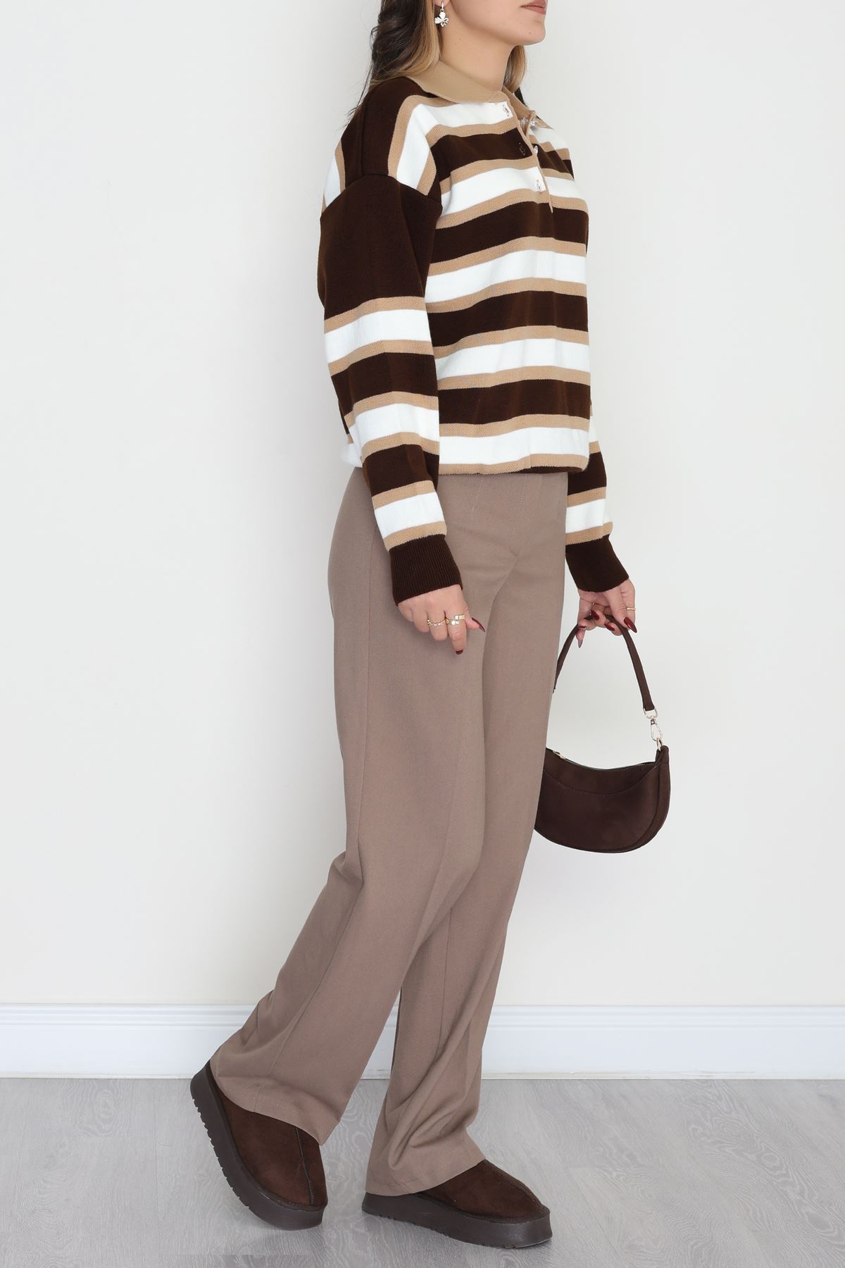 Çizgili Polo Yaka Triko Kahveekru - 70870.1765.