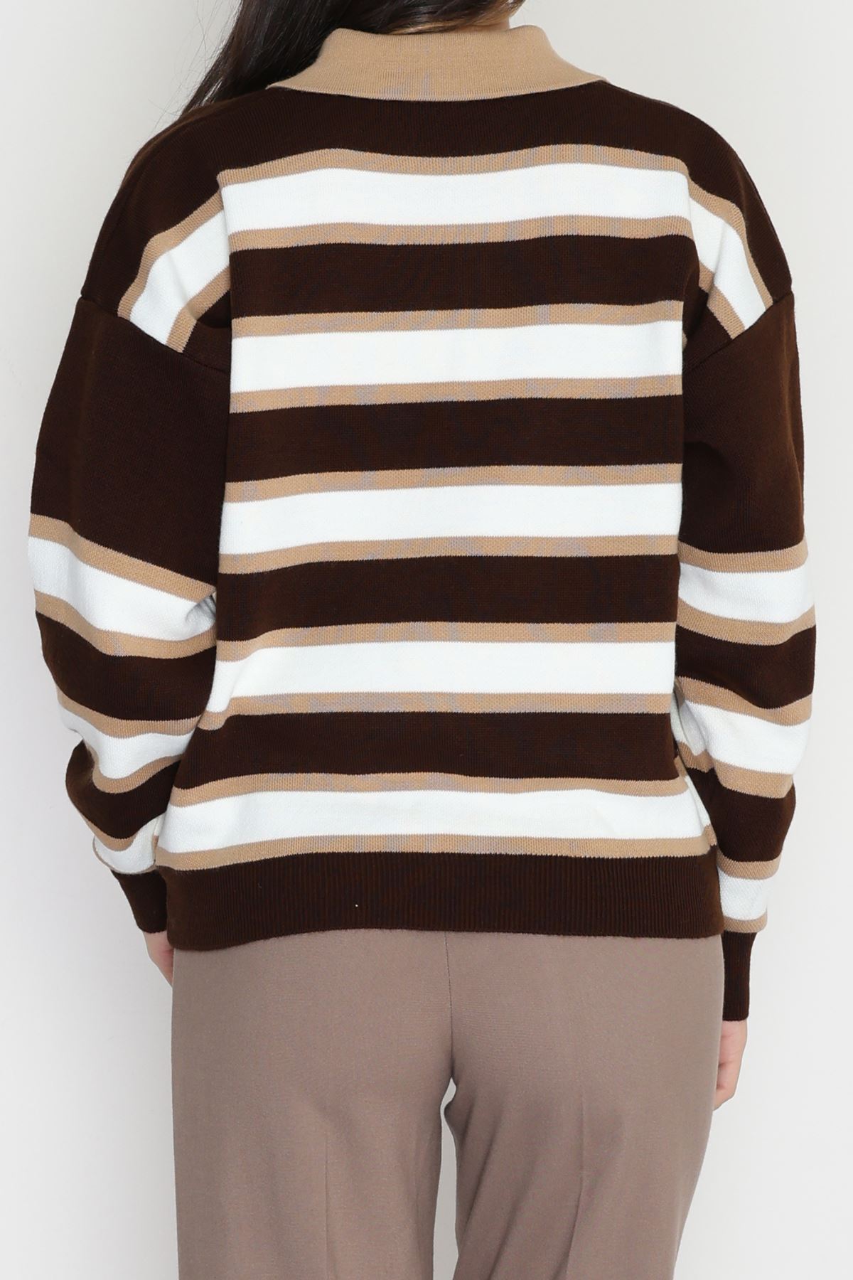 Çizgili Polo Yaka Triko Kahveekru - 70870.1765.