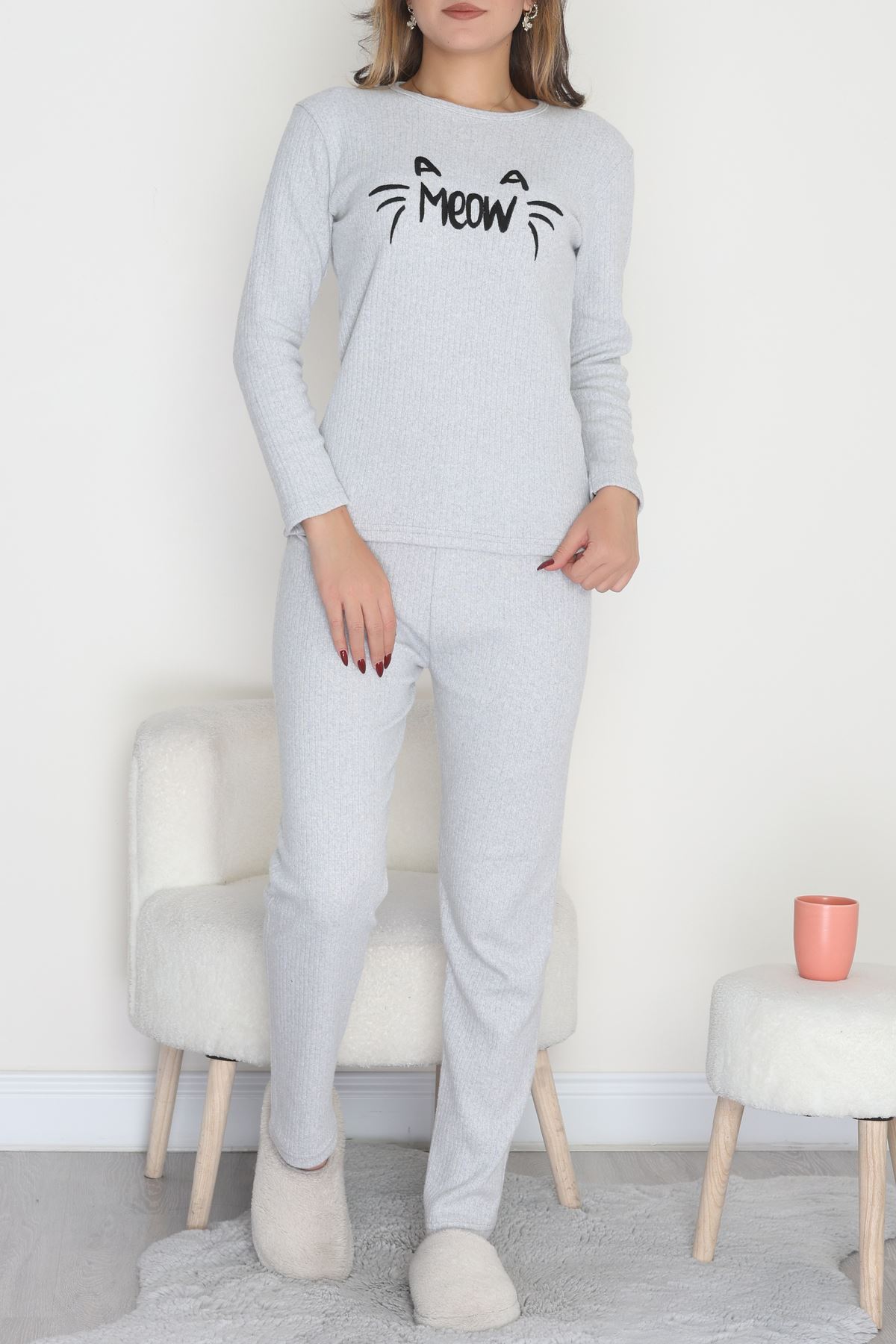 Nakışlı İnterlok Pijama Takımı Gri meow - 800.1287.