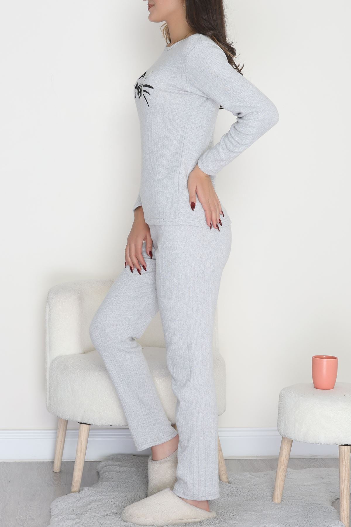Nakışlı İnterlok Pijama Takımı Gri meow - 800.1287.