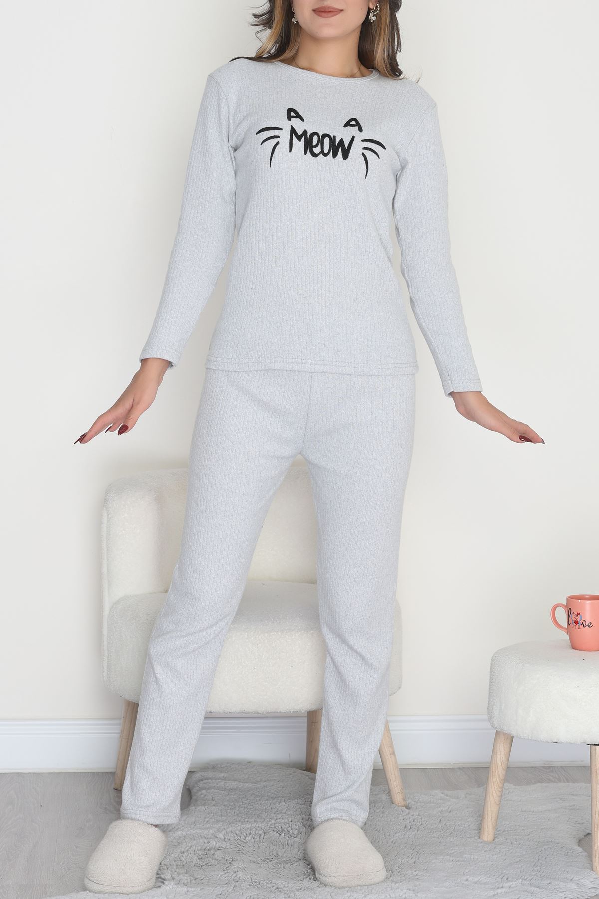 Nakışlı İnterlok Pijama Takımı Gri meow - 800.1287.