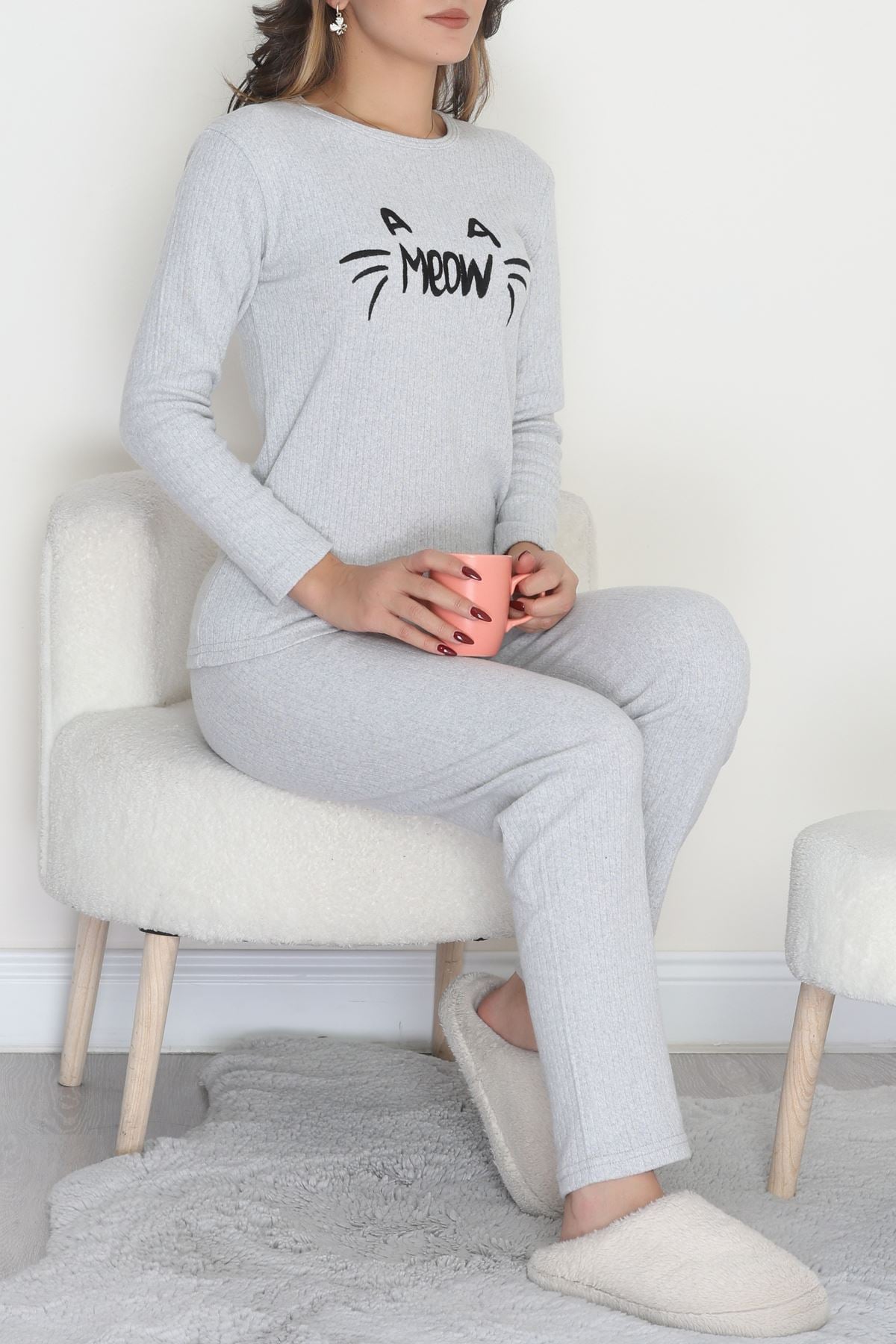 Nakışlı İnterlok Pijama Takımı Gri meow - 800.1287.
