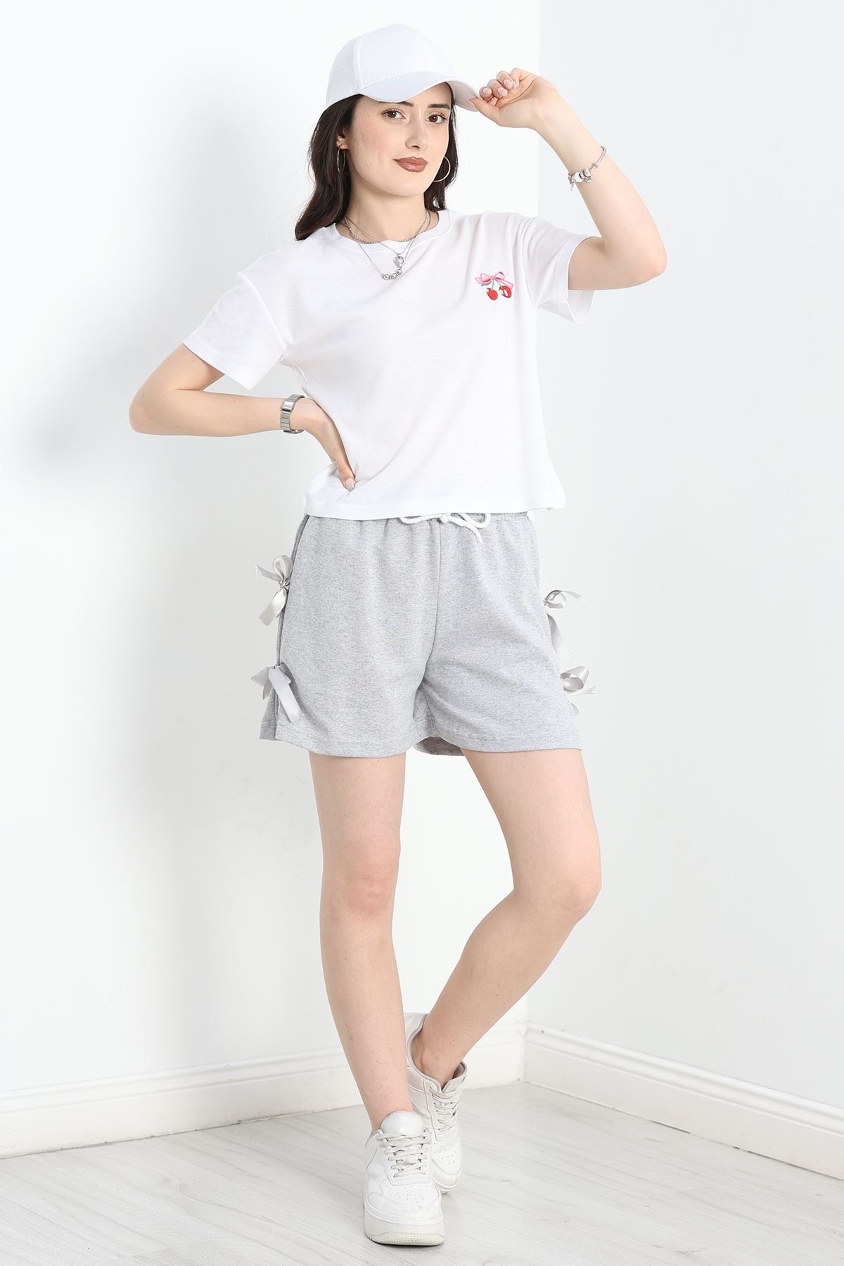 Kurdele Detay İki İplik Şort Gri - 50405.1857.