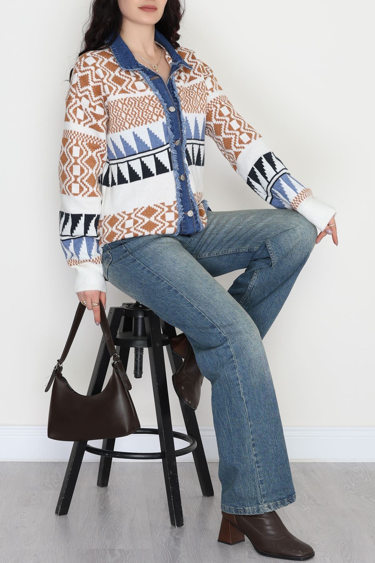 Desenli Triko Ceket Mavibeyaz - 2316.1765.