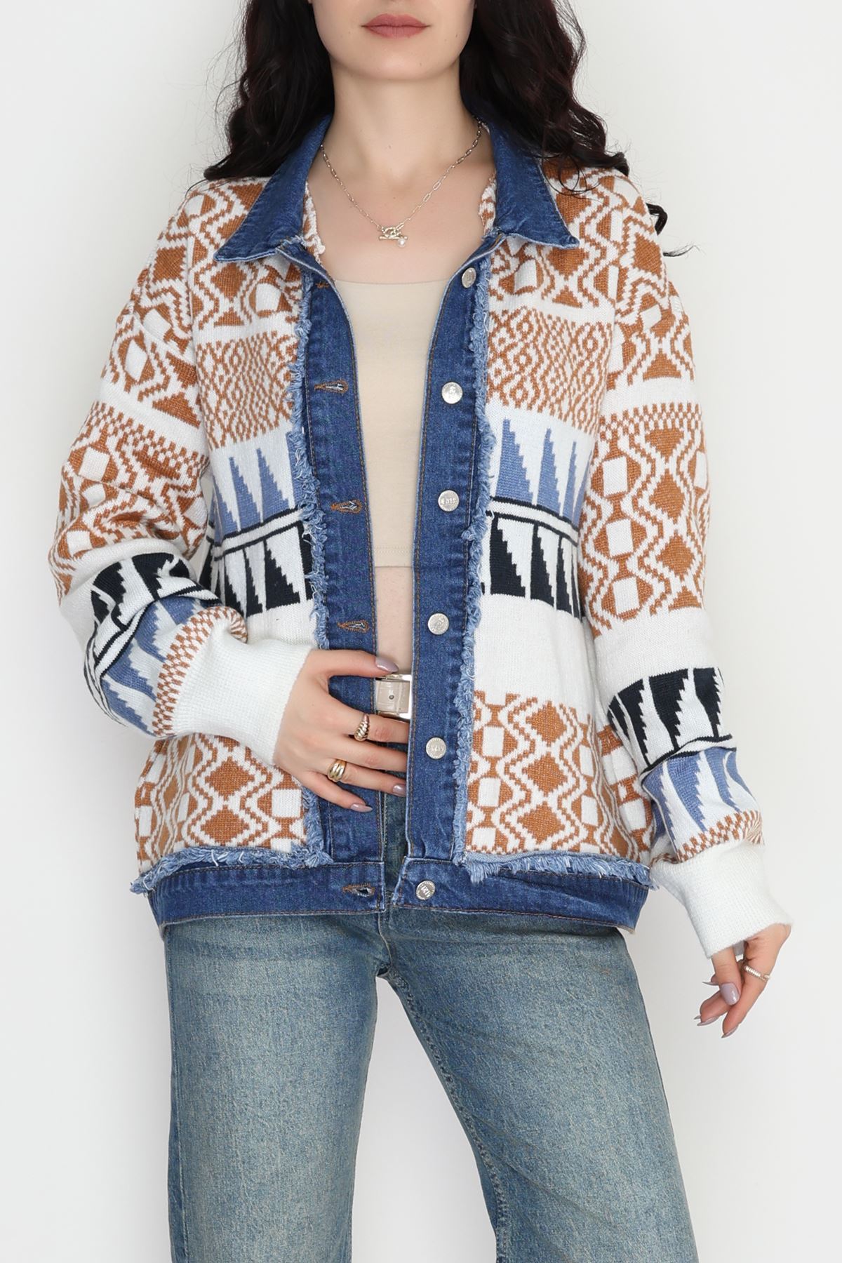 Desenli Triko Ceket Mavibeyaz - 2316.1765.