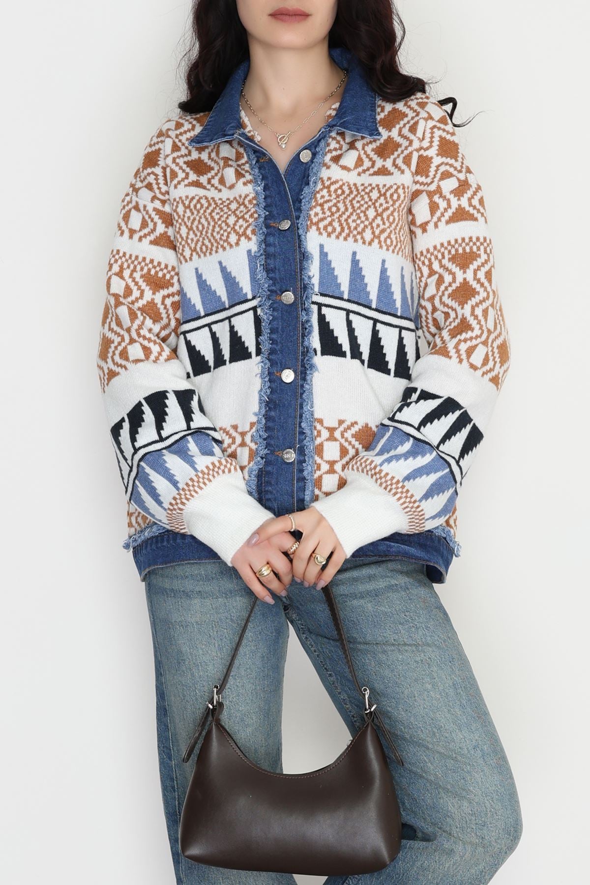 Desenli Triko Ceket Mavibeyaz - 2316.1765.