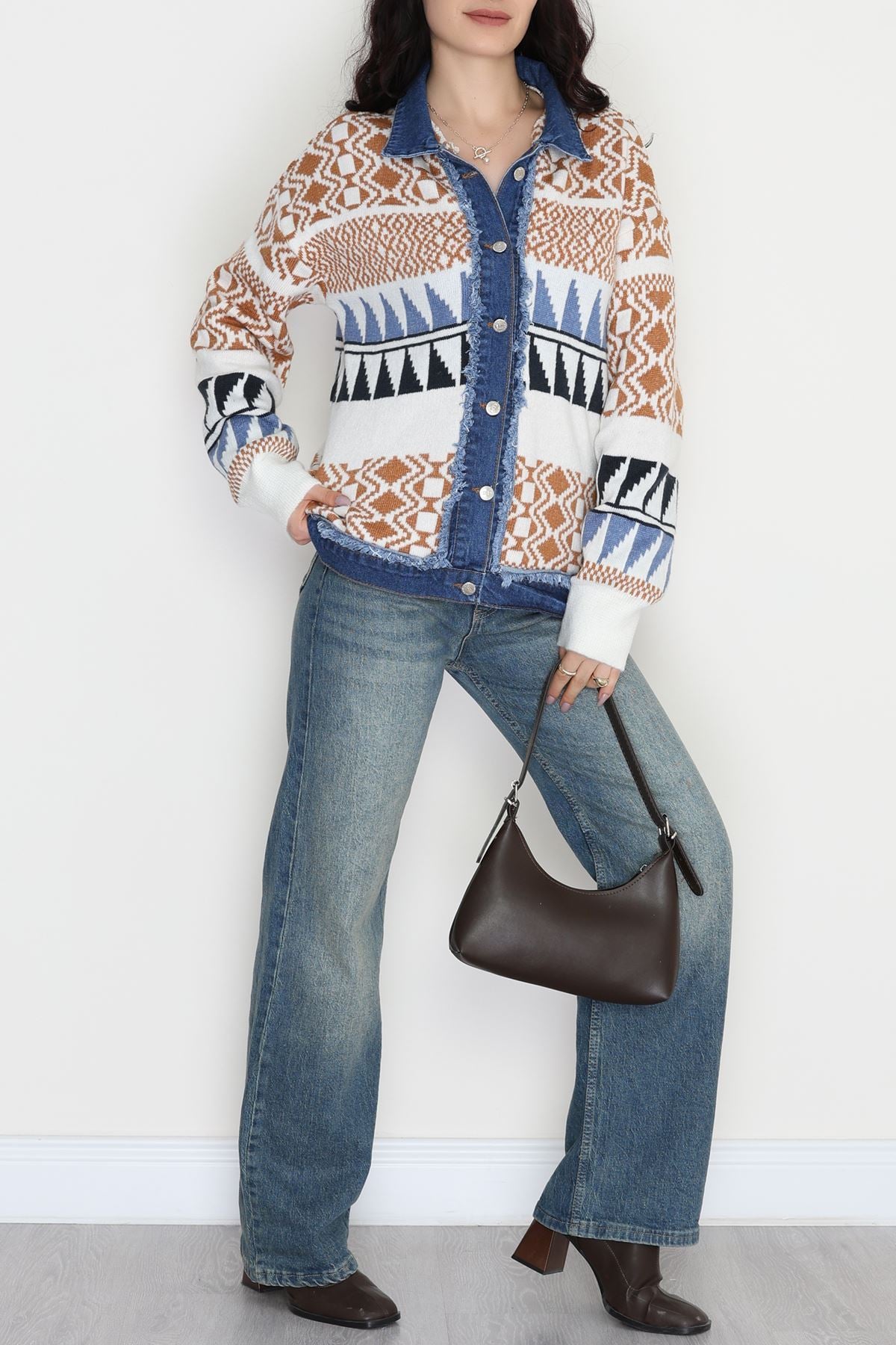 Desenli Triko Ceket Mavibeyaz - 2316.1765.