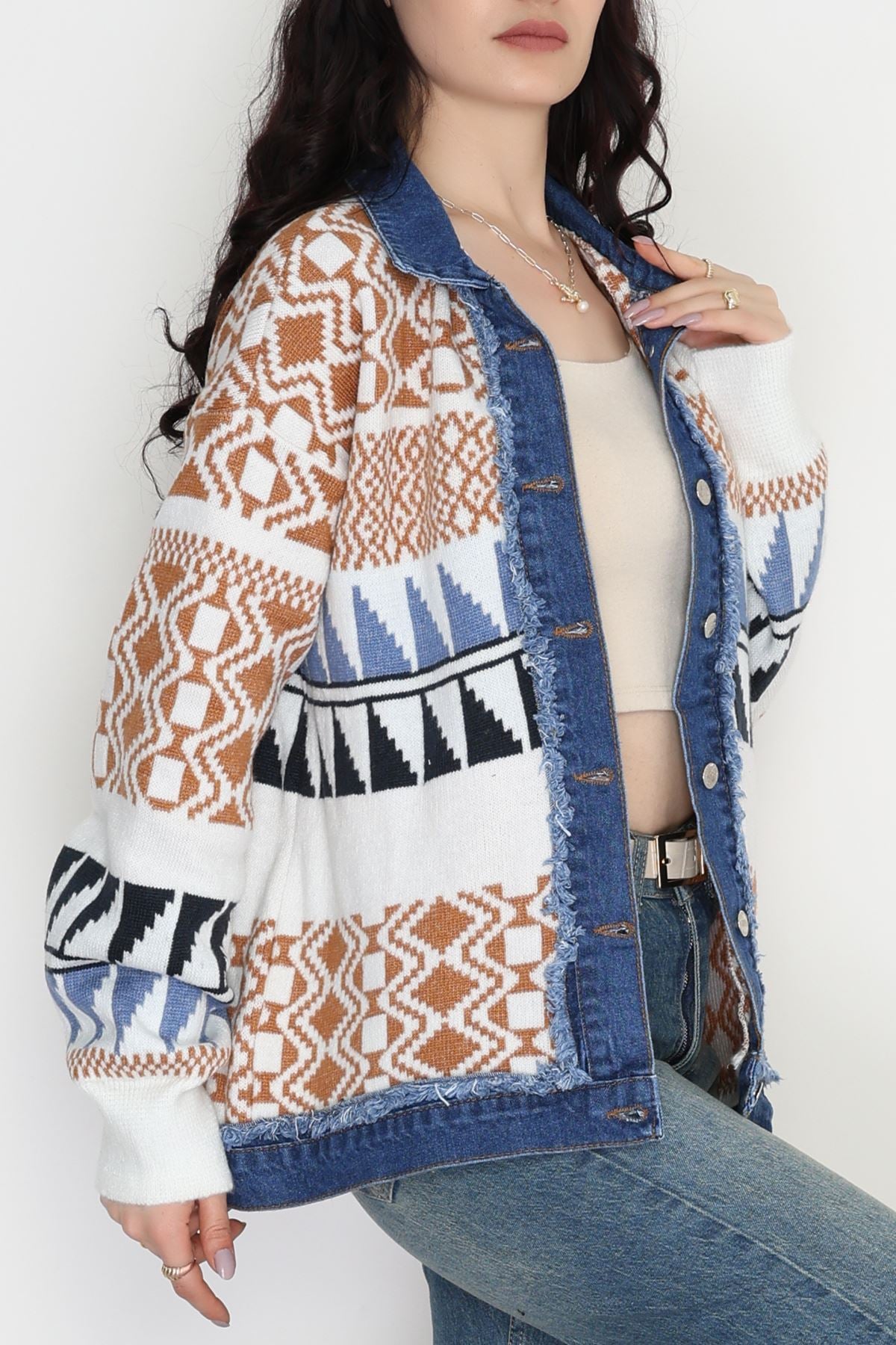 Desenli Triko Ceket Mavibeyaz - 2316.1765.
