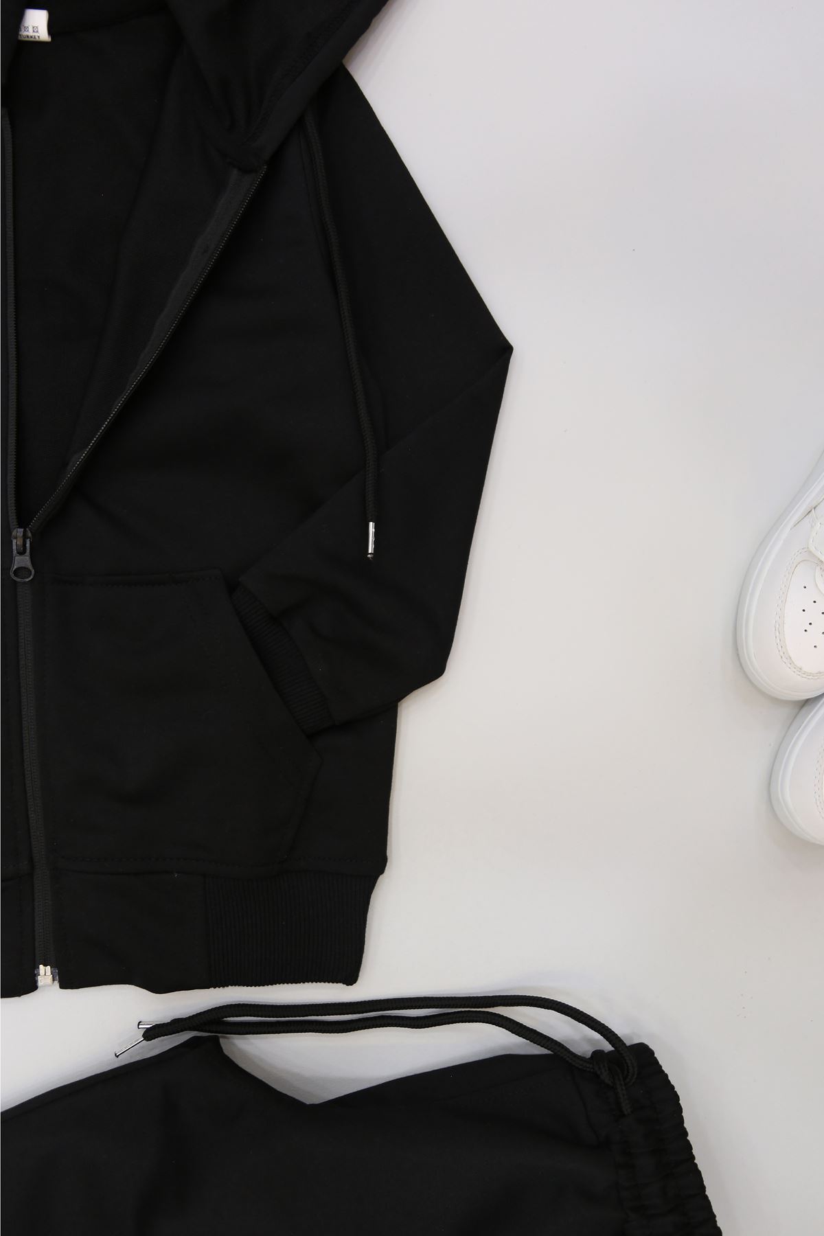 5-8 Yaş İki İplik Şardonsuz Fermuarlı Kapşonlu Takım Siyah - 42198.1937.