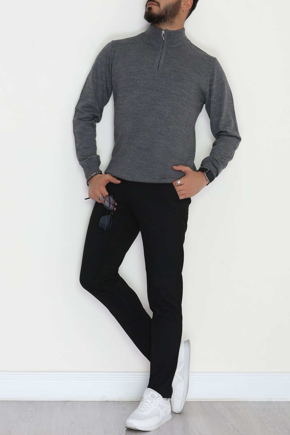 Yakası Fermuarlı Erkek Triko Füme - 2540.2052.