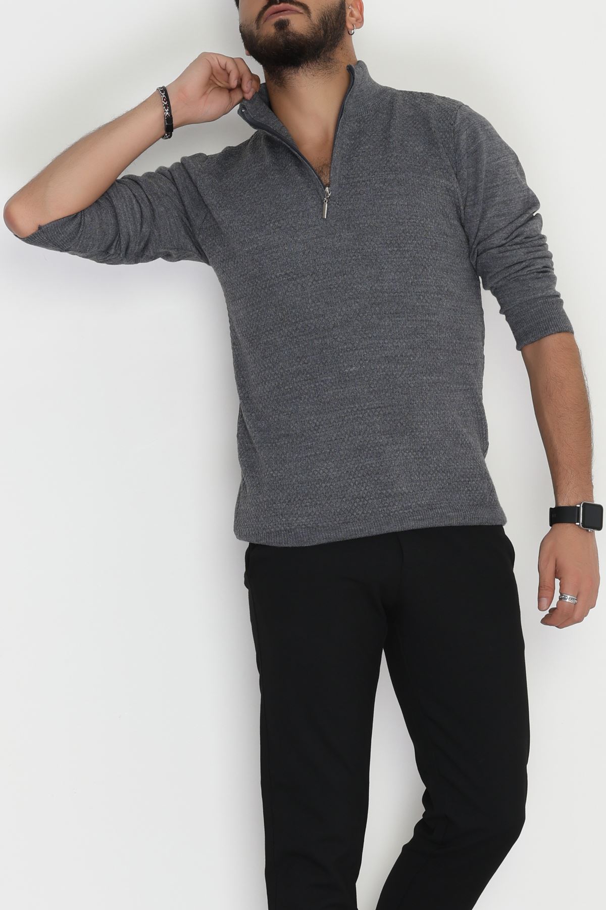 Yakası Fermuarlı Erkek Triko Füme - 2540.2052.