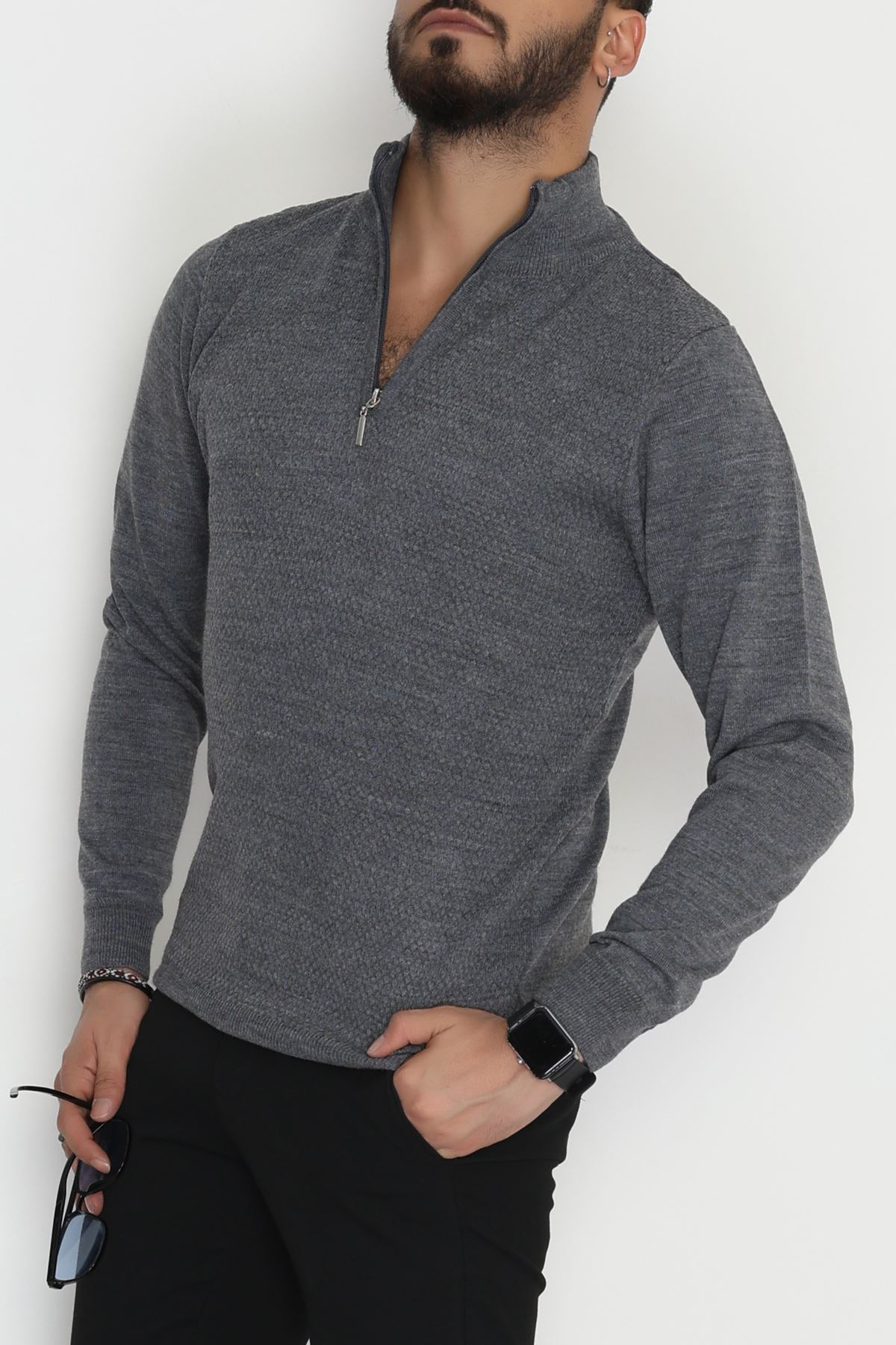 Yakası Fermuarlı Erkek Triko Füme - 2540.2052.