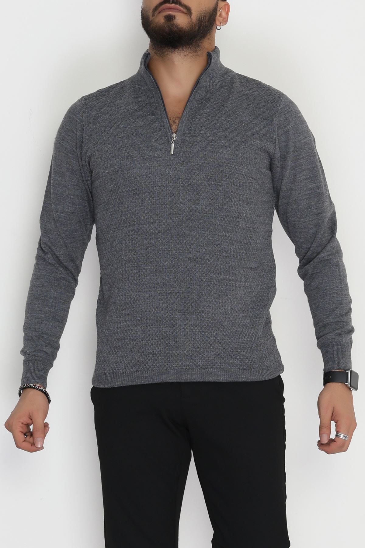 Yakası Fermuarlı Erkek Triko Füme - 2540.2052.