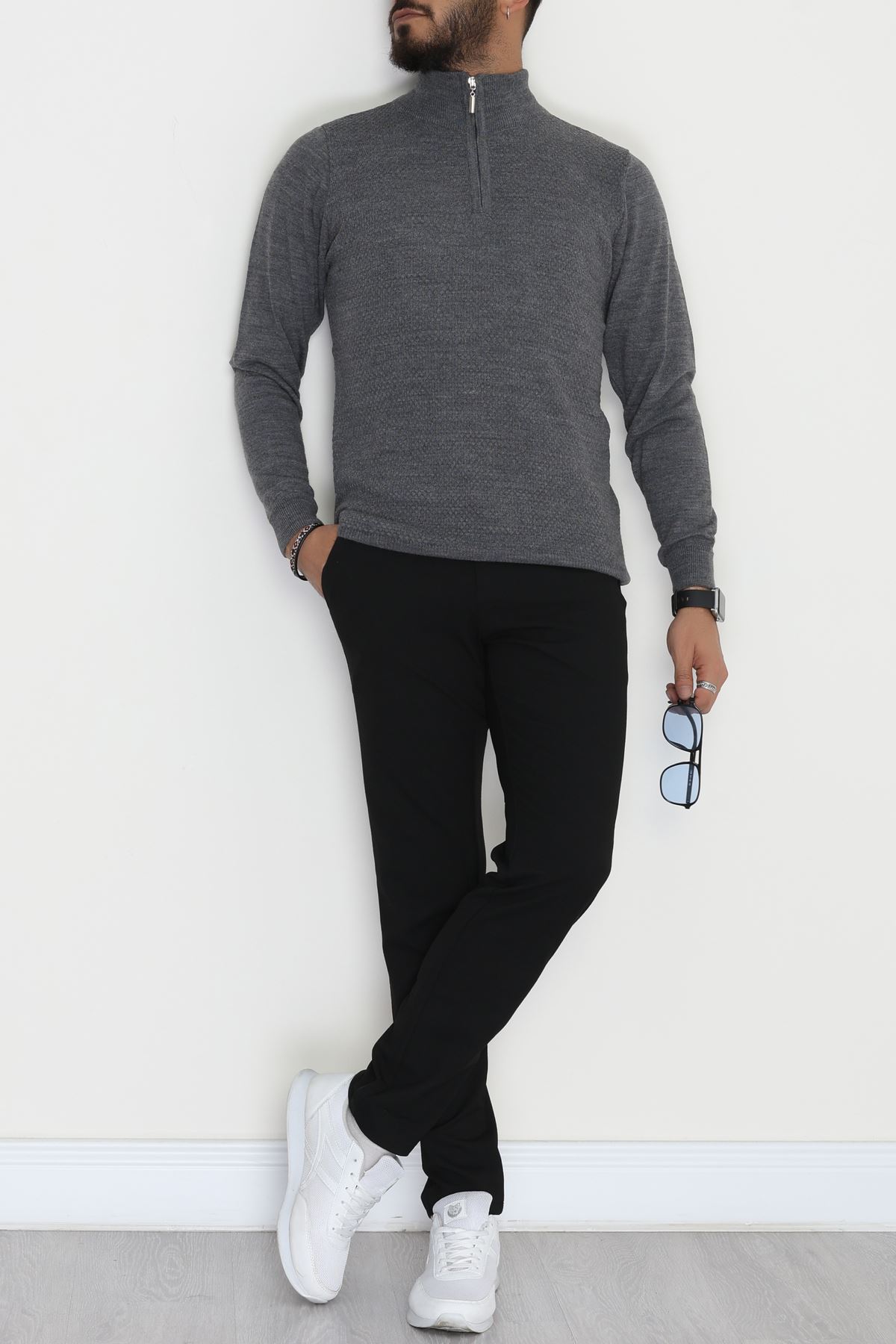 Yakası Fermuarlı Erkek Triko Füme - 2540.2052.