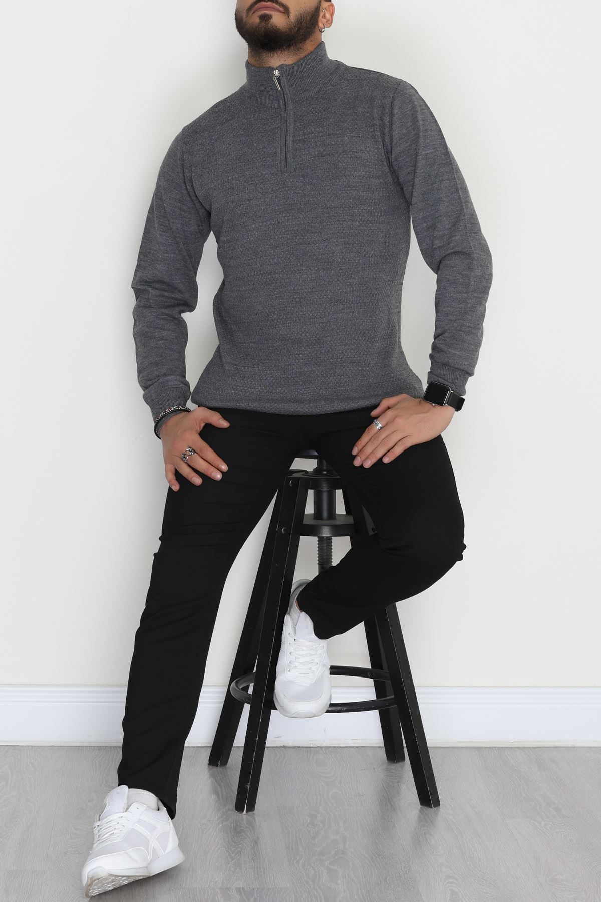 Yakası Fermuarlı Erkek Triko Füme - 2540.2052.