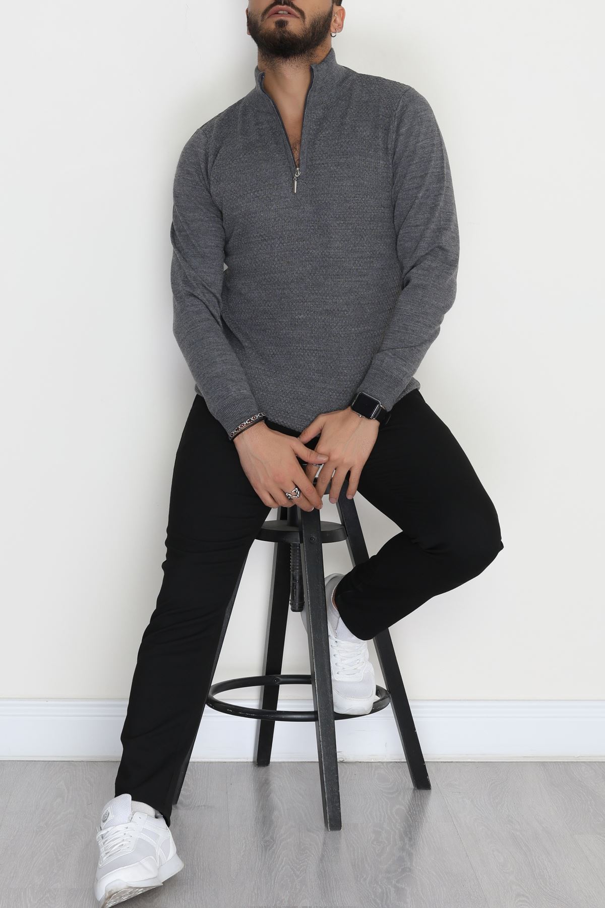 Yakası Fermuarlı Erkek Triko Füme - 2540.2052.