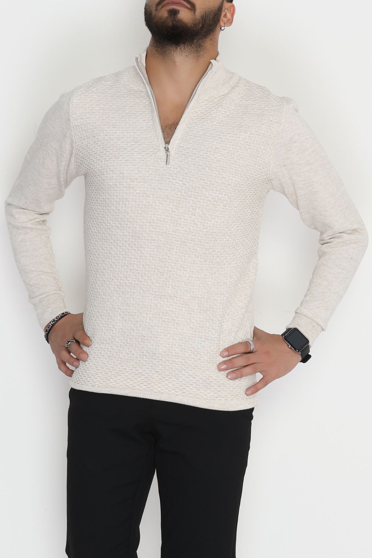 Yakası Fermuarlı Erkek Triko Taş - 2520.2052.