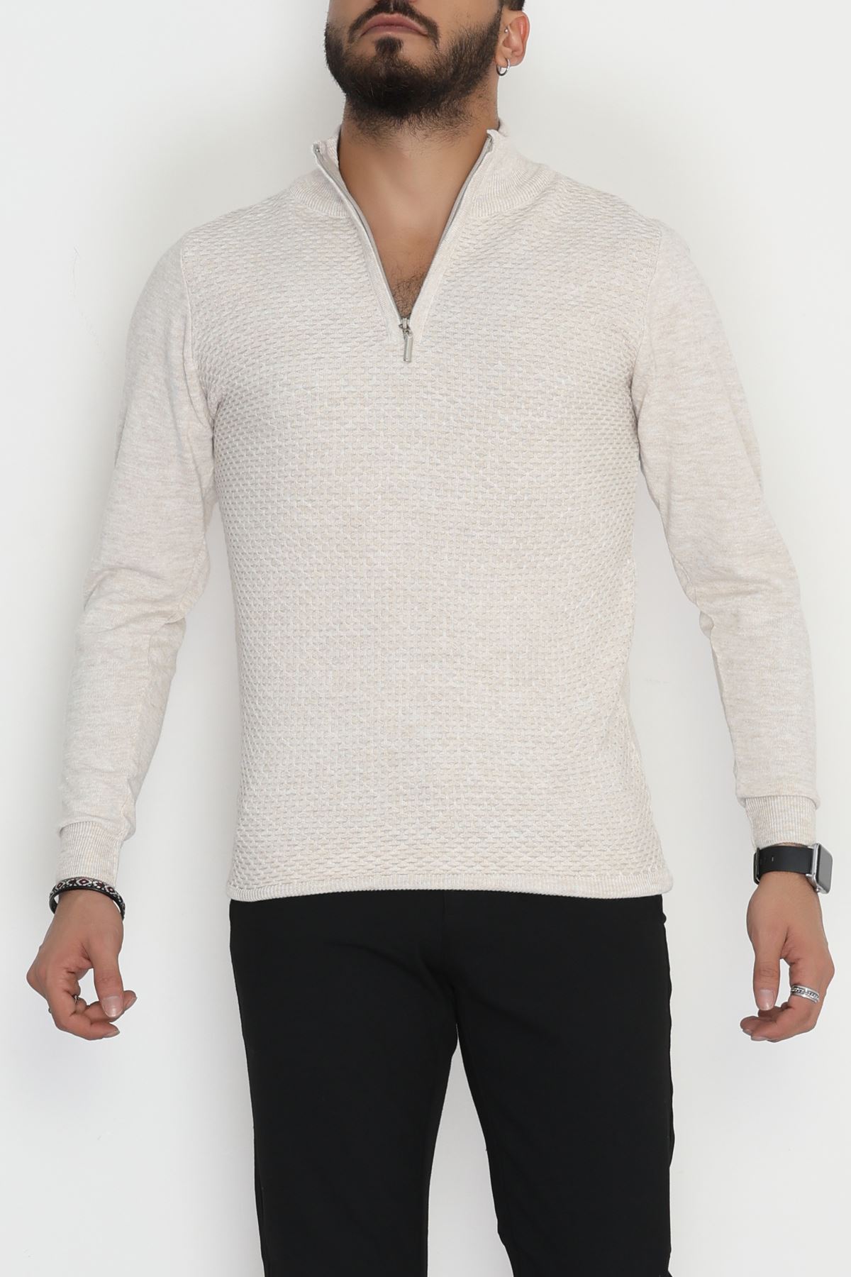 Yakası Fermuarlı Erkek Triko Taş - 2520.2052.