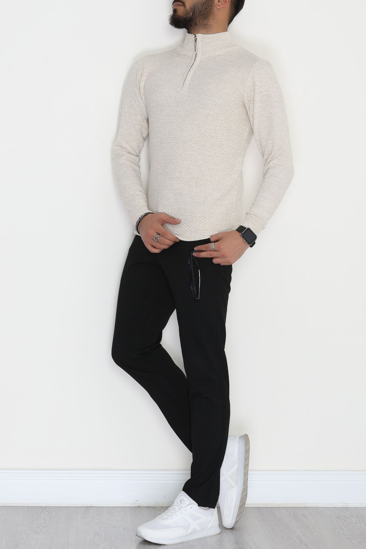 Yakası Fermuarlı Erkek Triko Taş - 2520.2052.