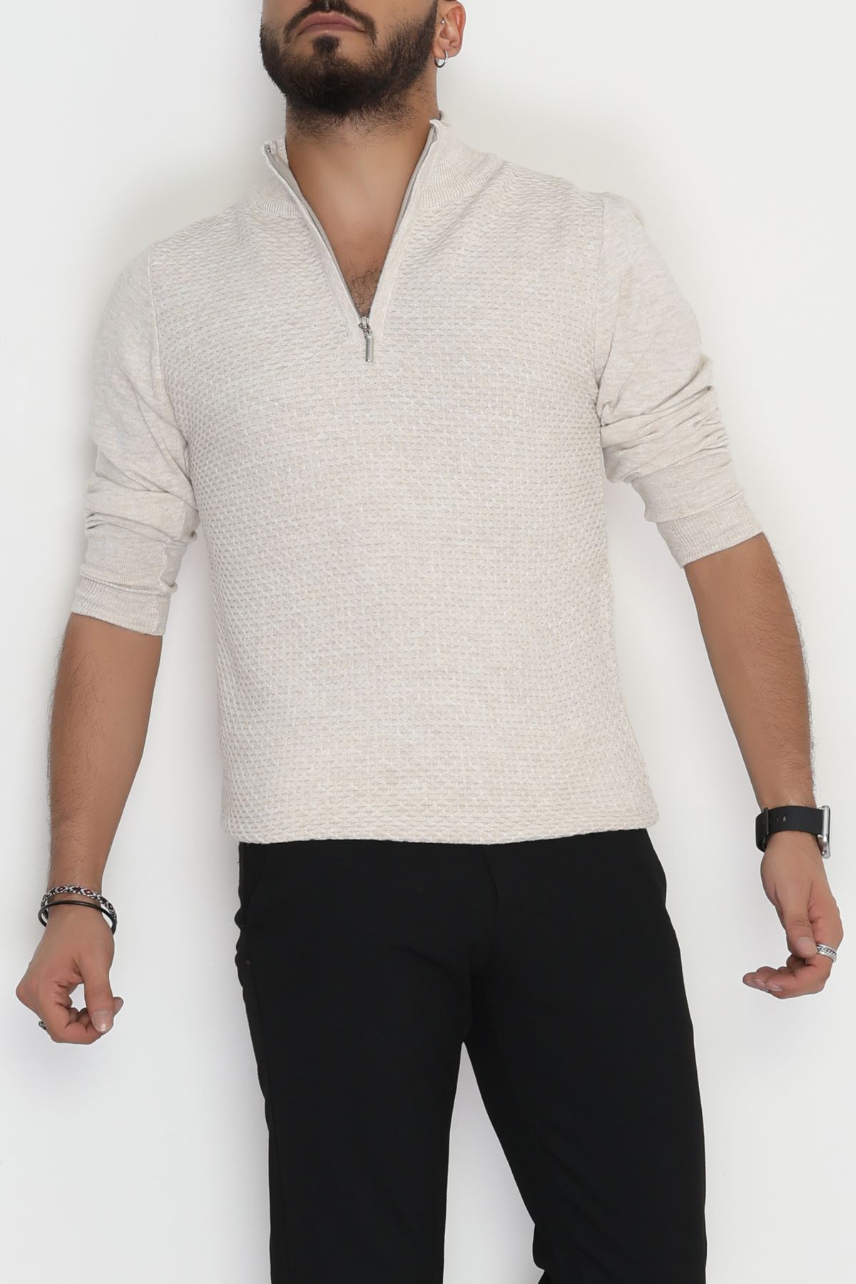 Yakası Fermuarlı Erkek Triko Taş - 2520.2052.